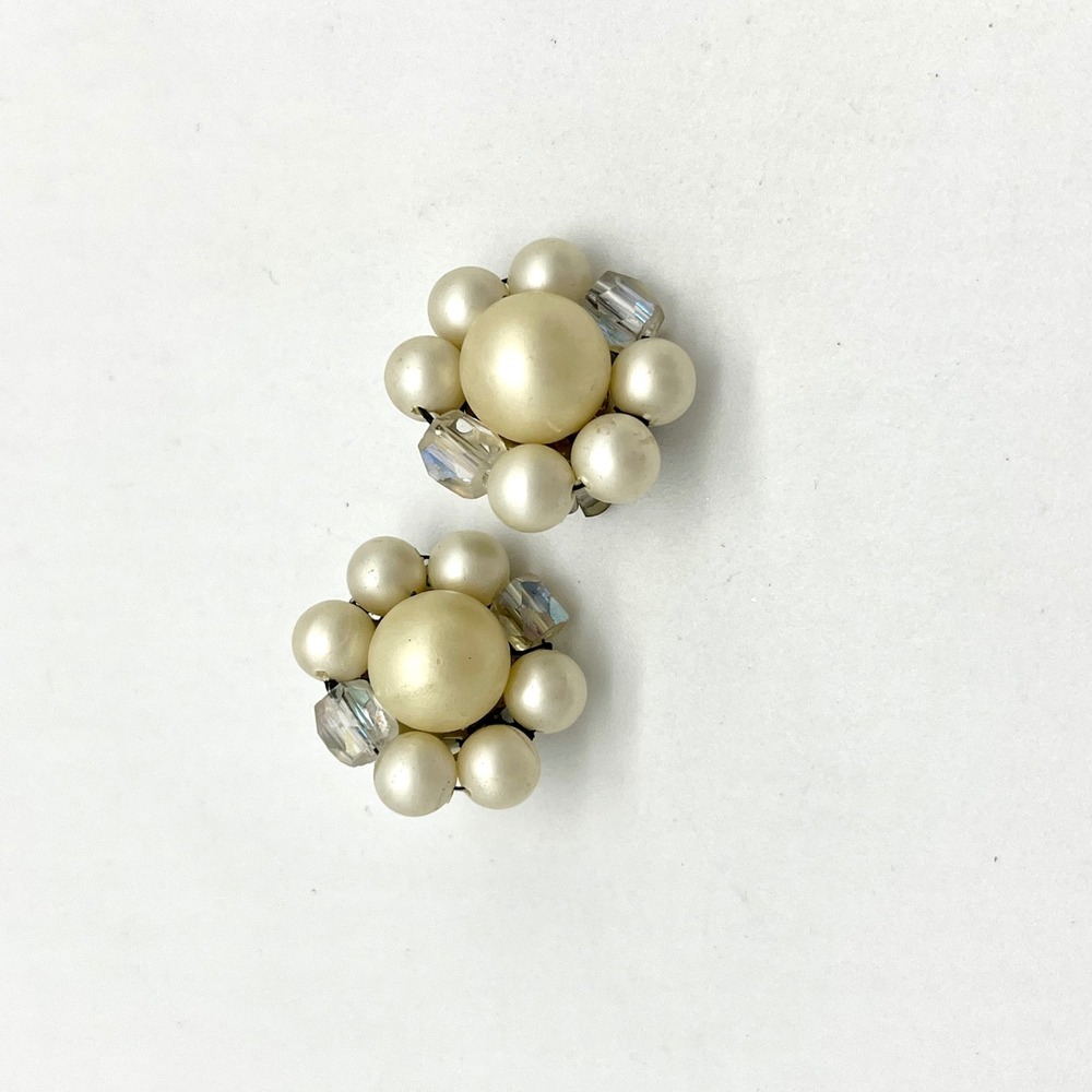Vintage Faux Pearl Clip On Earrings Flower Design with Rhinestone Accent